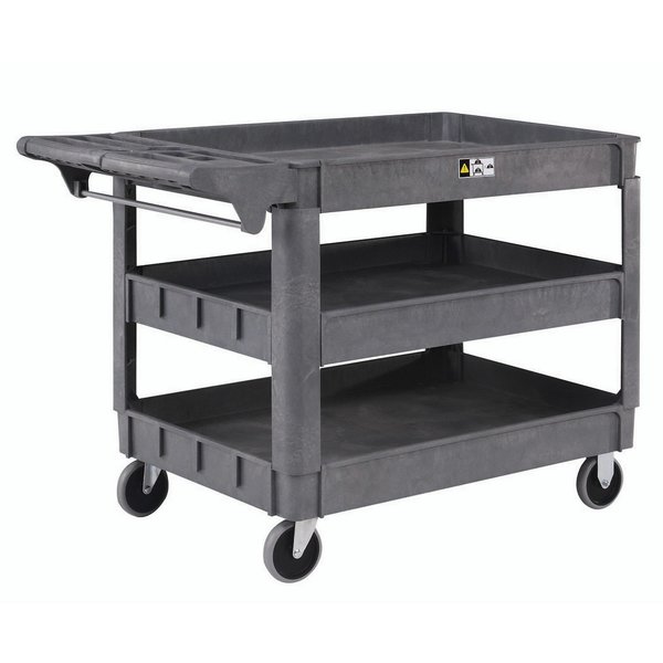 Global Industrial Large Deluxe 3 Shelf Plastic Cart, 5 Rubber Casters, 46L x 25W x 33H 242086